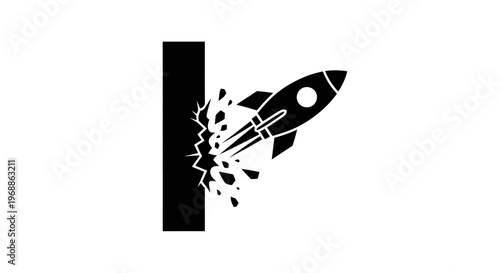 Minimalist Rocket Crashing into Wall Logo Design Illustrating Breakthrough Innovation Disruptive Technology Startup Branding Success Concept and Powerful Impactful Solution for Business Growth