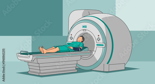 Patient undergoing MRI scan in a modern medical imaging machine, diagnostic procedure