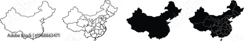 Four variations of china map silhouettes with and without internal provincial borders
