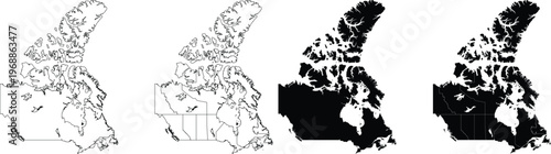 Four variations of canada map silhouettes showing outline and regional border divisions