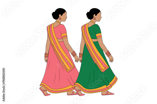 Two women in traditional Indian attire walking together in colorful saris and jewelry