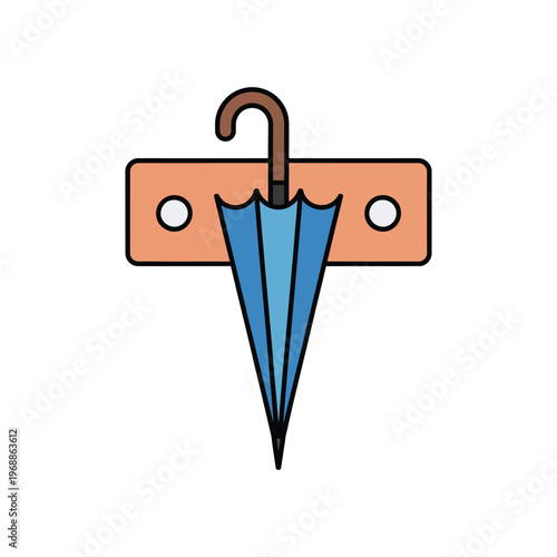 A blue umbrella hanging from a brown hook on a wooden board