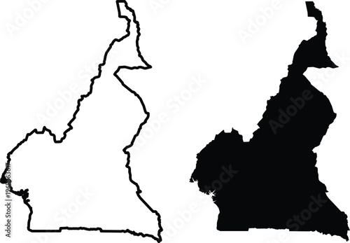 Black and white outline and silhouette map shapes of the african nation of cameroon