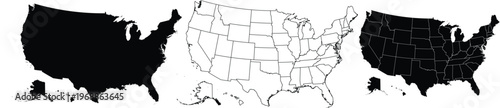 Three variations of united states map silhouettes showing solid and outlined state borders