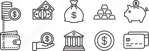 Money finance icons set, cash, gold, dollar, coin, credit card, bank, piggy bank, moneybag, wallet signs, thin line vector, editable stroke, isolated