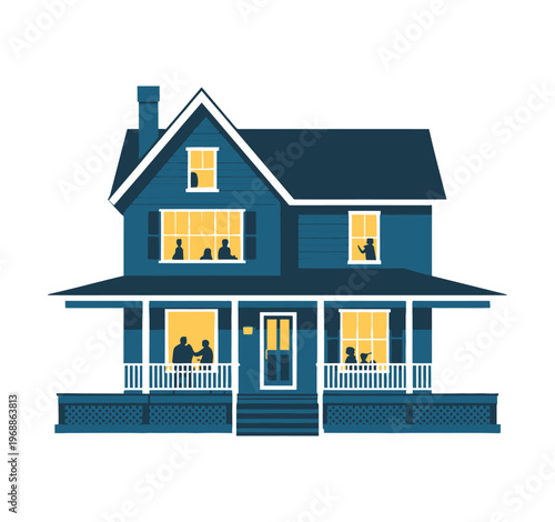 Blue house with silhouettes.