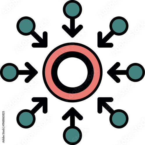 A graphic illustration of a central hub with arrows radiating outward to connected nodes
