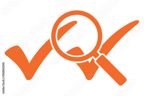 A logo featuring a magnifying glass and checkmark on a white background