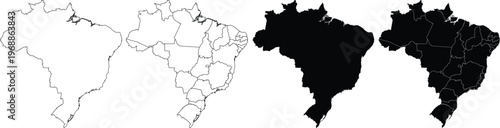 Four variations of brazil map outlines with and without internal state borders in black and white