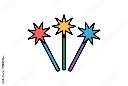 A colorful illustration of three magic wands with starburst tips on a white background
