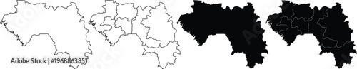 Four variations of guinea country map outlines and administrative region silhouettes in black white