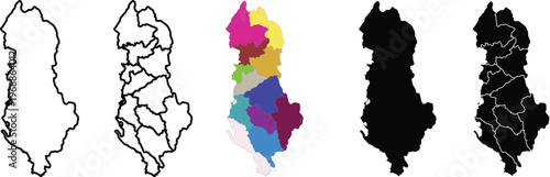 Four variations of albania map silhouettes with regional borders in black white and colors