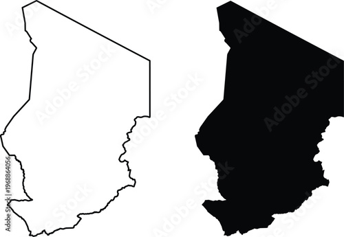 Outline and silhouette map shapes of the african country chad on a plain white background