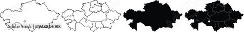 Set of four black and white outline and silhouette maps of kazakhstan with regions