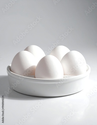 White eggs nestled in a round, white ceramic dish on a bright white surface, minimalist
