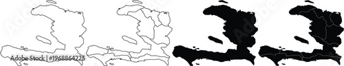 Set of four haiti map silhouettes showing outline and internal administrative department borders