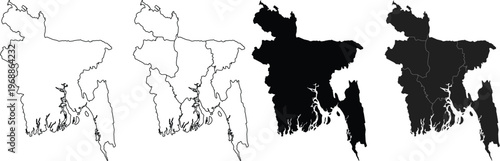 Fotografía Four variations of bangladesh map outlines and silhouettes with internal adminis