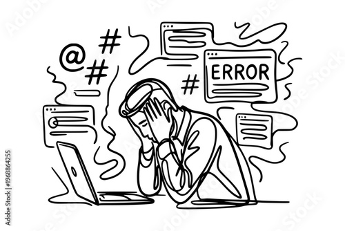 Man stressed over laptop with multiple error windows in simple line style on white background, concept of digital frustration. Concept of burnout and digital noise
