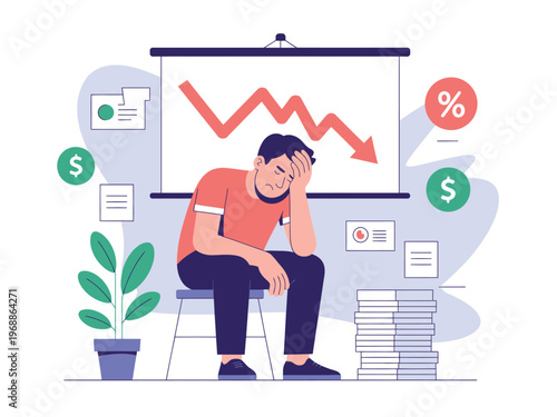 A stressed businessman sits in front of a declining graph on a projector screen with financial papers and money symbols around him.
