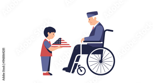 A young boy presents a tray with an American flag dessert to an elderly man in a wheelchair