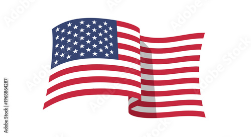 The American flag waves gently with its stars and stripes prominently displayed on a white background