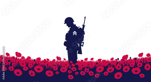 A soldier stands solemnly in a field of red poppies holding a rifle