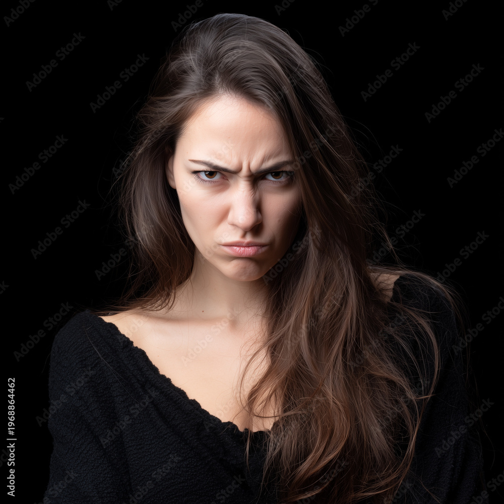 Fototapeta premium Porträt einer jungen Frau mit verärgertem, frustriertem Gesichtsausdruck, emotional und authentisch, minimalistisch mit Copyspace für Emotion- und Mental-Health-Themen.