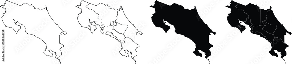 Fototapeta premium Four variations of costa rica map silhouettes with and without internal province borders