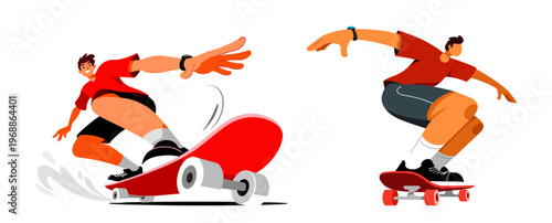 Skateboarder set with man riding skateboard flat style