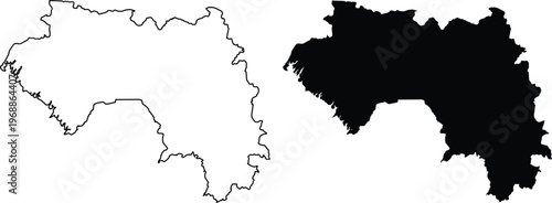 Outline and solid black silhouette maps of the country of guinea on white background