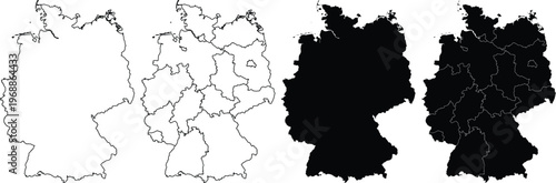 Four variations of germany map silhouettes showing outline and federal state borders