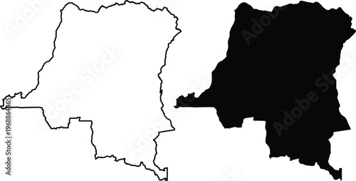 Outline and solid black silhouette map shapes of the democratic republic of the congo country