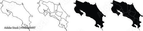 Four variations of costa rica map silhouettes with and without internal province borders