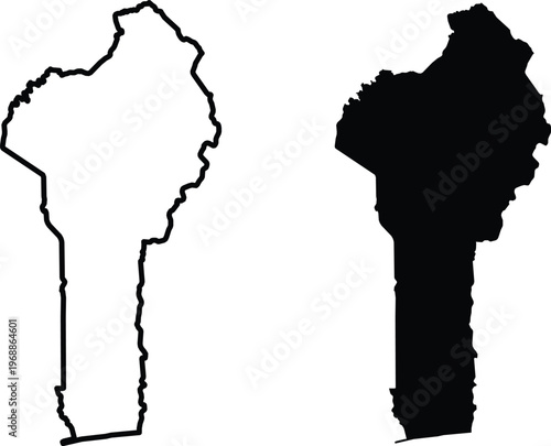Benin country map outline and solid black silhouette shape on a plain white background