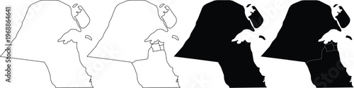 Four variations of the kuwait country map outline with and without internal district borders