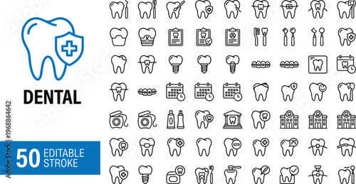 Professional Dental Care Vector Icon Set Featuring Editable Stroke Line Art for Stomatology Orthodontic and Oral Hygiene Clinic Projects