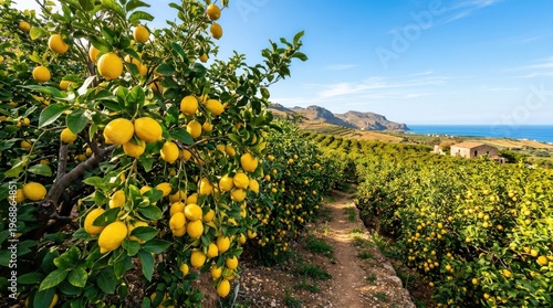 Lemon trees heavy with ripe fruit in a Sicilian citrus grove, glossy green leaves, bright yellow lemons, blue sky and warm Mediterranean sunlight creating a fresh agricultural landscape,