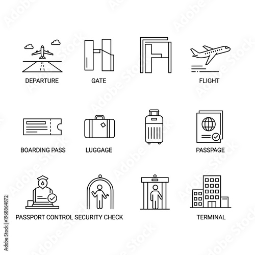 Airport travel icons and symbols.