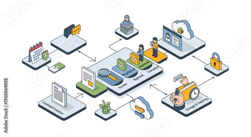 Digital business process flow chart with icons and people.