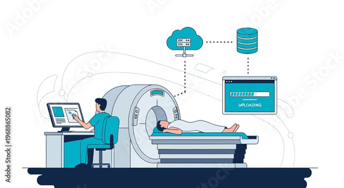 Medical Technology: Doctor Operating MRI Scanner with Patient and Data Cloud Integration