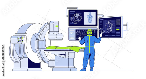 Medical Technology: Doctor Operating Advanced CT Scanner with Futuristic Interface