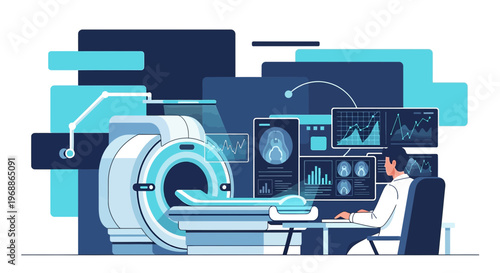 Medical Technology: MRI Scanner, Doctor Analyzing Scan Results on Multiple Monitors