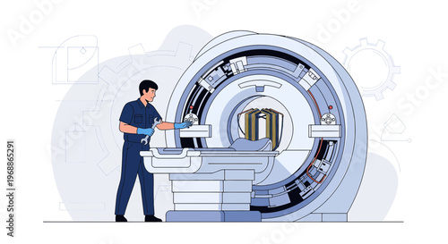Medical technician performing maintenance on MRI scanner machine in clinic