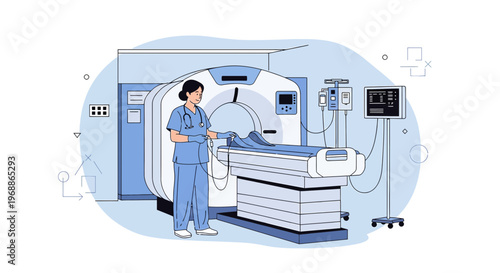 Medical Technician Operating CT Scanner Machine for Patient Scan in Hospital Room