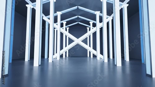 Abstract architectural tunnel with glowing white geometric structures and reflective floor