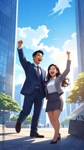 Joyful colleagues in business attire celebrate outdoors near skyscrapers on a sunny day with raised arms