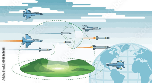 Military, fighter jets, combat aircraft, warfare, missiles, vector graphics, blue, green, warfare strategy, defense, aviation