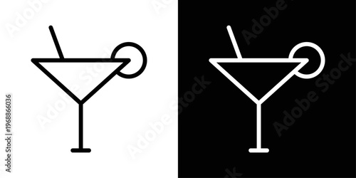 Cocktail glass icon designed in black stroke and fill styles, isolated on a white background. Ideal for bar, beverage, and nightlife concepts.