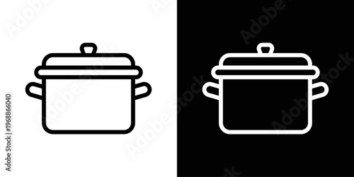 Cooking pot icon designed in black stroke and fill styles, isolated on a white background. Ideal for cooking, kitchen, and culinary concepts.