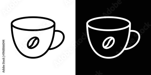 Coffee cup icon designed in black stroke and fill styles, isolated on a white background. Ideal for beverage, cafe, and morning routine concepts.